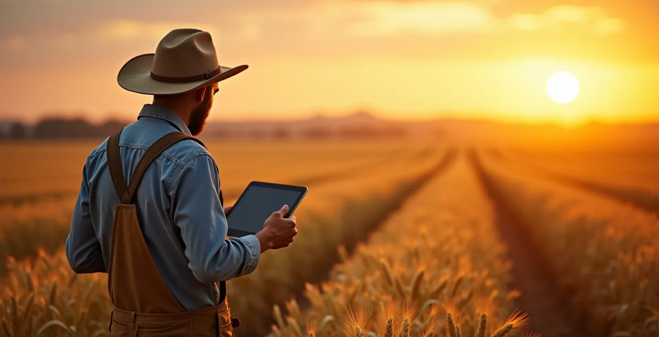 Agricultor revisando datos en tablet en medio de campo de cereales al atardecer