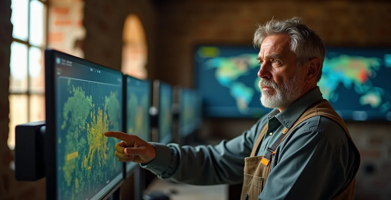Agricultor supervisando múltiples pantallas con datos de su flota de robots agrícolas desde un centro de control