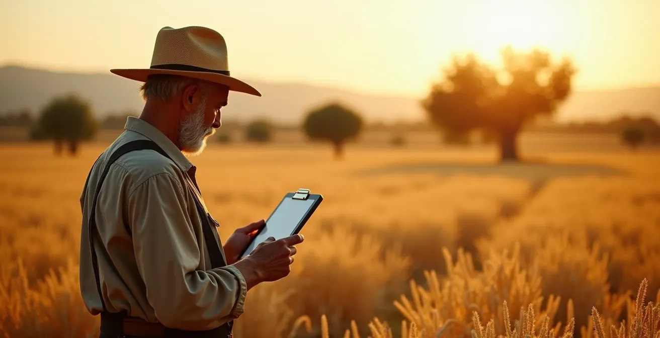 Agricultor español revisando datos de su explotación en el campo al atardecer