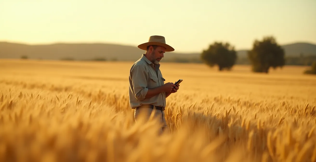 Agricultor español realizando transecto a pie con móvil GPS en campo de cereales