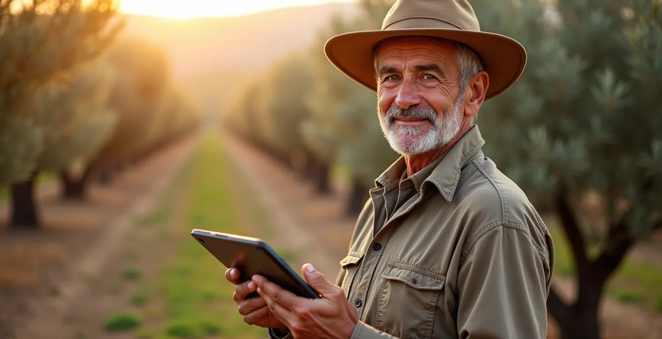 Agricultor analizando datos financieros de su explotación en una tablet en el campo