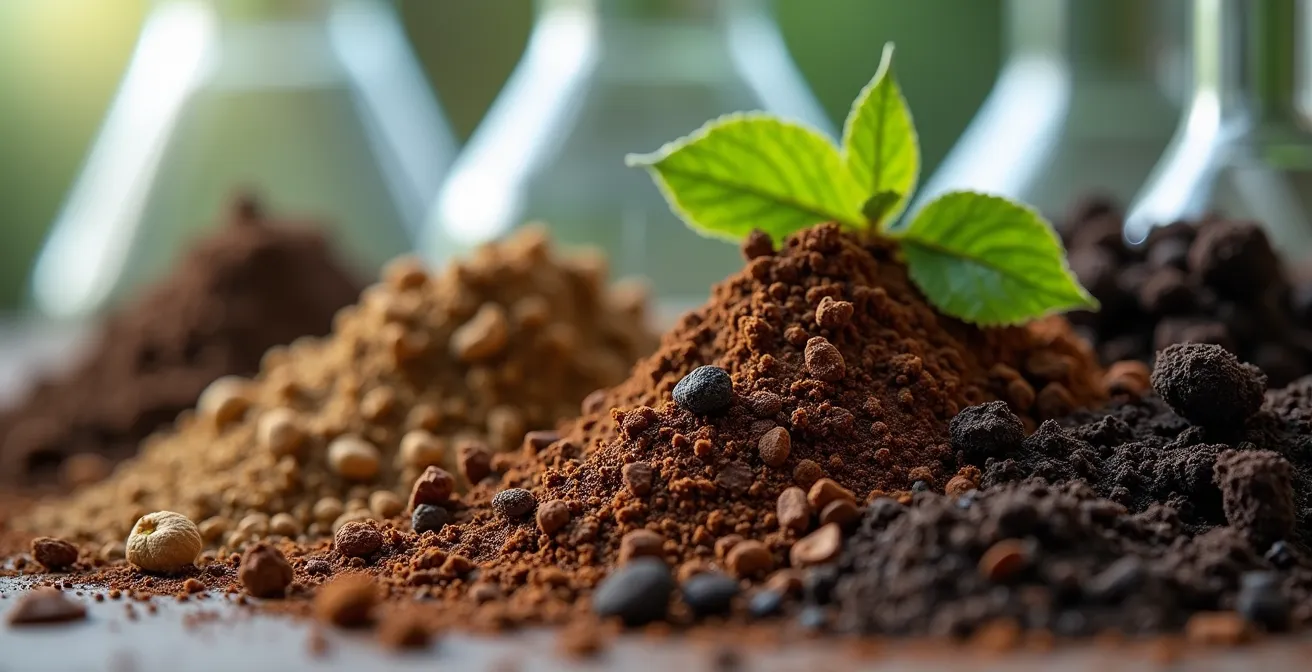 Muestra de suelo siendo analizada en laboratorio con diferentes texturas y colores visibles