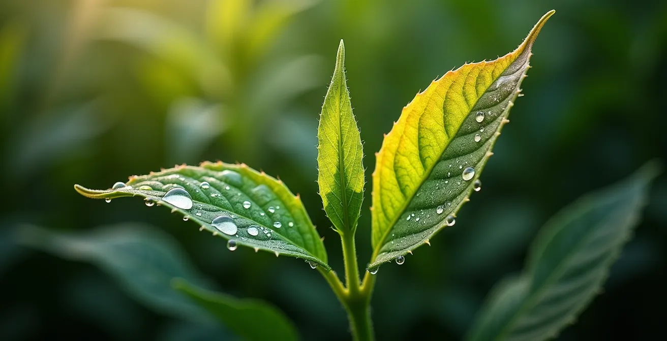 Imagen térmica de un campo de cultivo que muestra zonas con estrés hídrico en colores cálidos y zonas sanas en colores fríos.