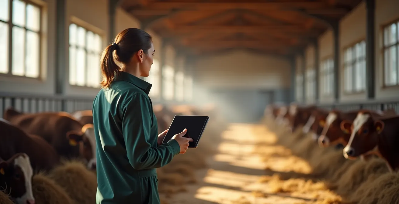 Auditor especializado evaluando el bienestar de vacas lecheras en una granja española moderna durante una certificación Welfair