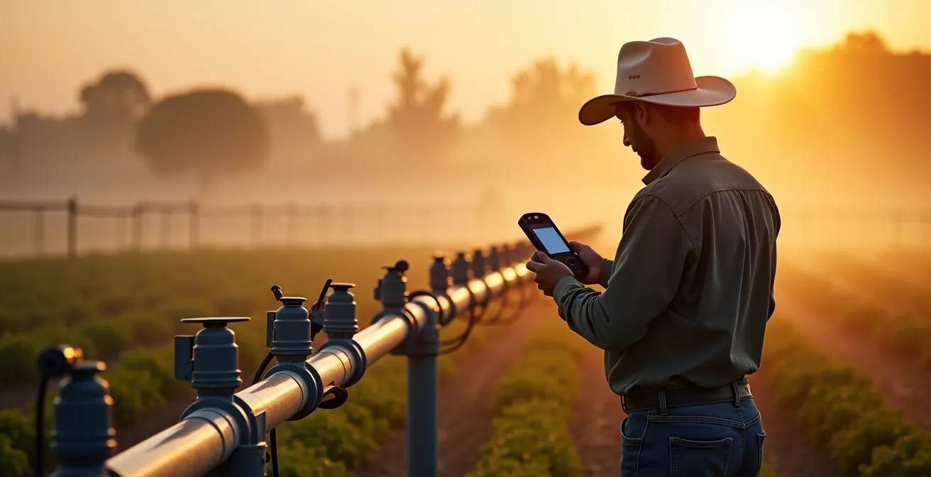 Agricultor revisando sistema de riego con tecnología de detección