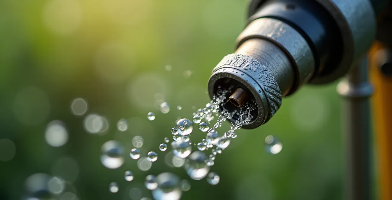 Detalle macro de boquillas cerámicas de pulverización con gotas de agua formándose
