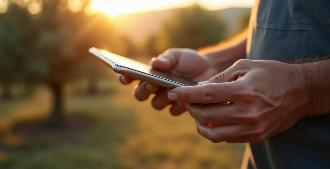 Manos de agricultor sosteniendo tablet mostrando gráficos de consumo de agua en campo de cultivo
