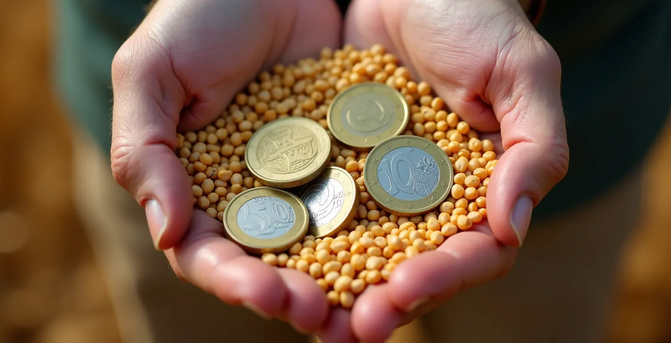 Manos de agricultor sosteniendo granos de trigo con monedas simbolizando rentabilidad