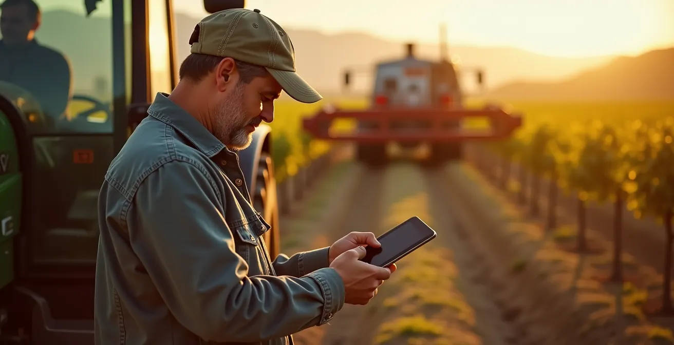Agricultor español analizando datos económicos en campo con equipo de pulverización de fondo