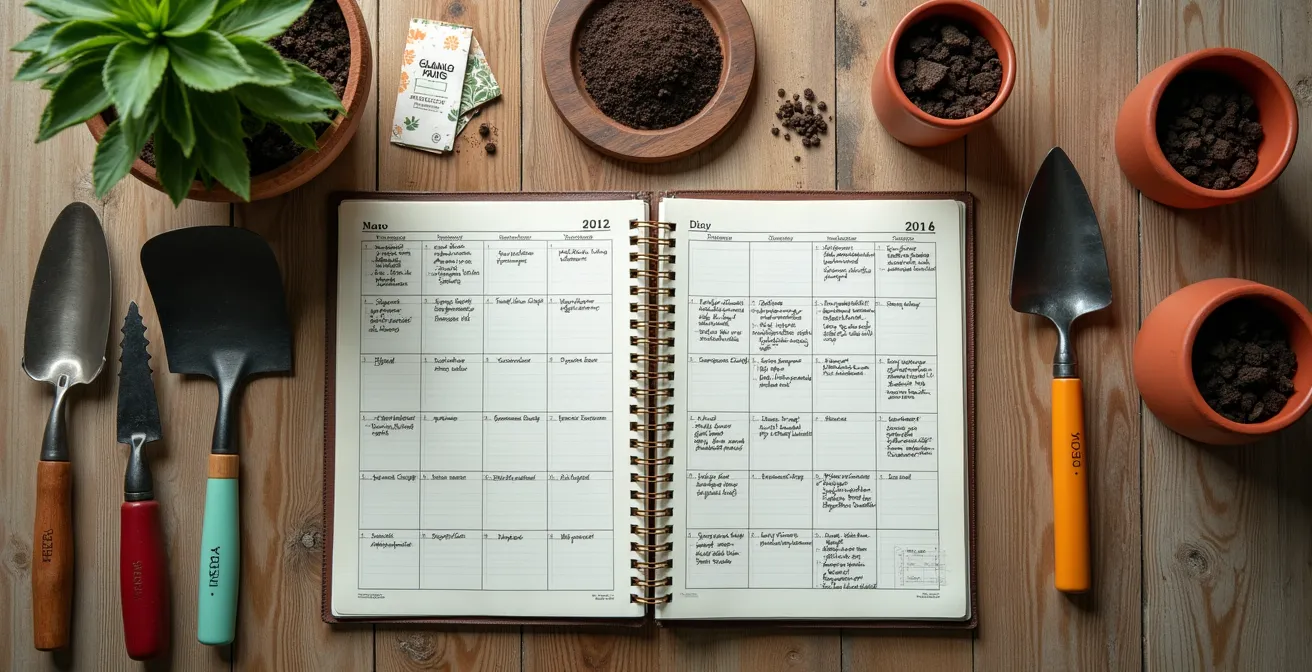 Calendario visual de siembra con herramientas agrícolas y planificación temporal