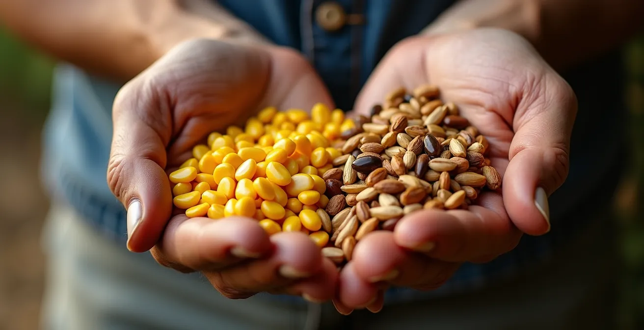 Manos de agricultor sosteniendo semillas híbridas uniformes en una mano y semillas tradicionales diversas en la otra