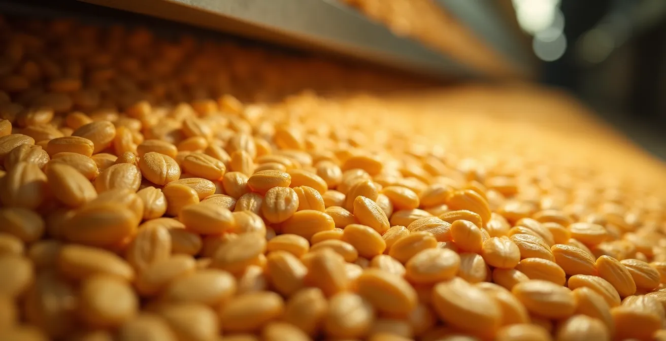 Vista macro de granos de cereal en proceso de secado con tecnología de control de humedad