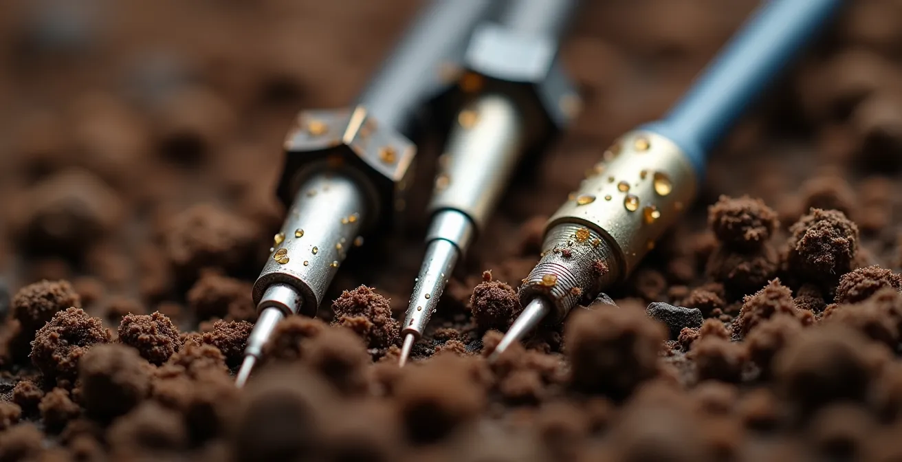 Detalle macro de diferentes tipos de sensores de humedad del suelo instalados en tierra húmeda mostrando sus electrodos y diseños característicos