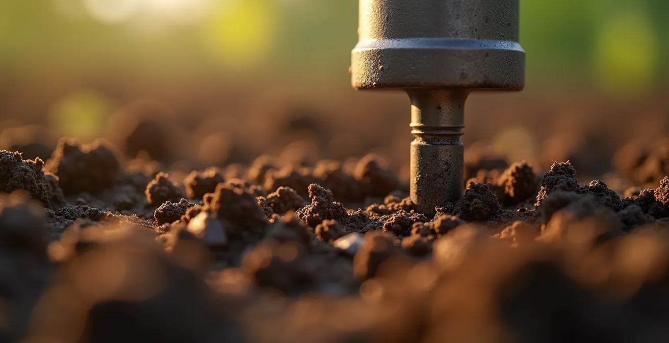 Detalle macro de sensor de humedad insertado en suelo agrícola mostrando diferentes capas de tierra