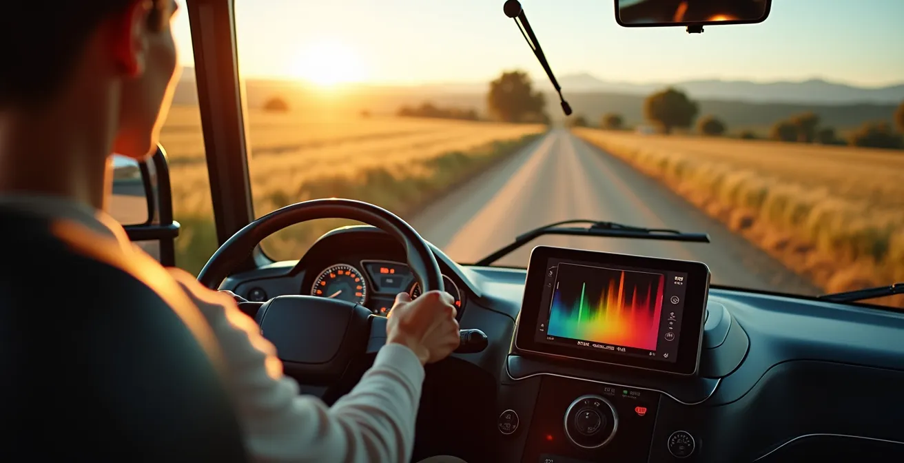 Interior de cabina de tractor moderno con consola mostrando mapa de aplicación variable