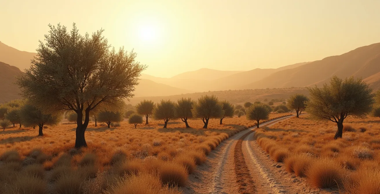 Campo de cultivos tradicionales mediterráneos adaptados a la sequía, como el algarrobo y el pistacho