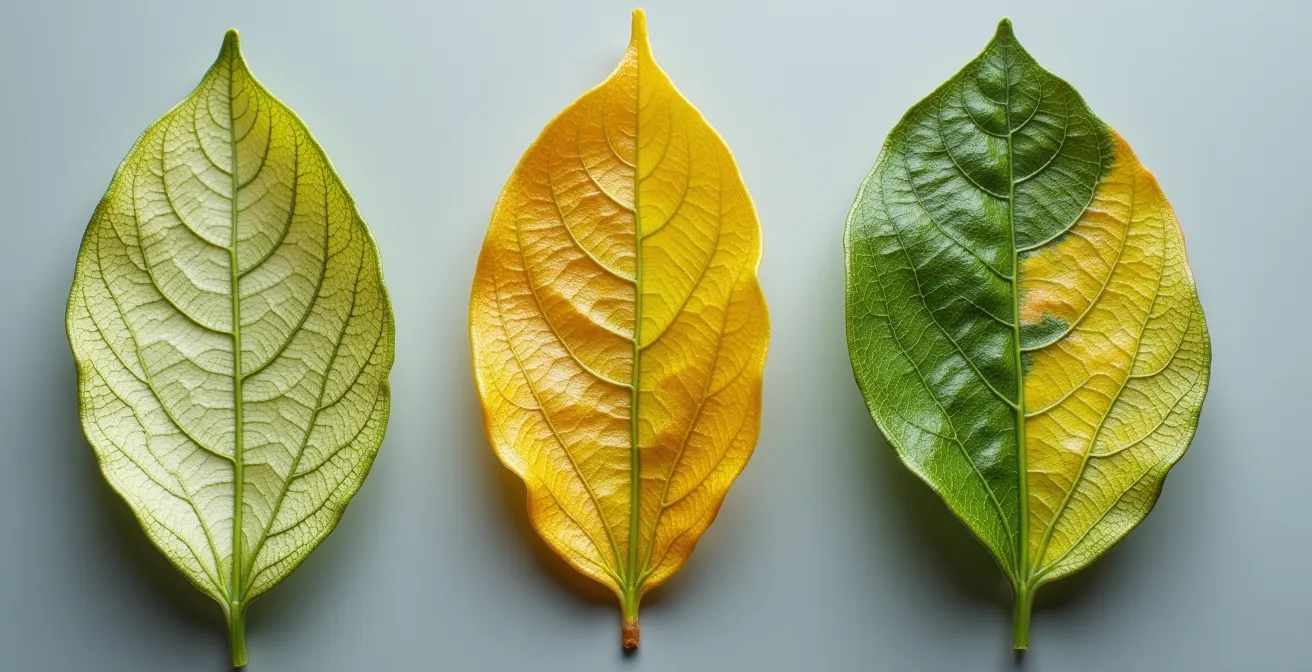 Comparación visual de hojas de cítricos con diferentes deficiencias nutricionales