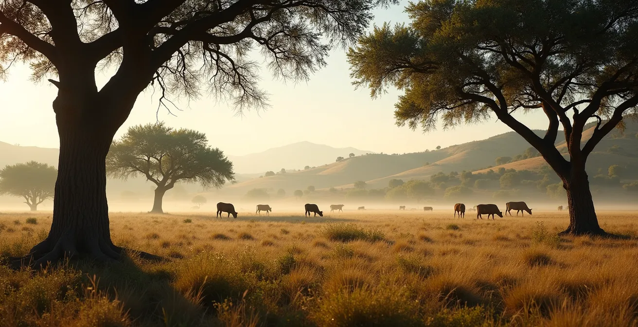 Paisaje de dehesa con encinas y ganado vacuno pastando extensivamente en Extremadura