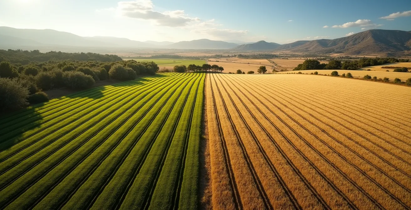 Vista aérea de parcela agrícola española mostrando diseño optimizado de líneas de guiado GPS