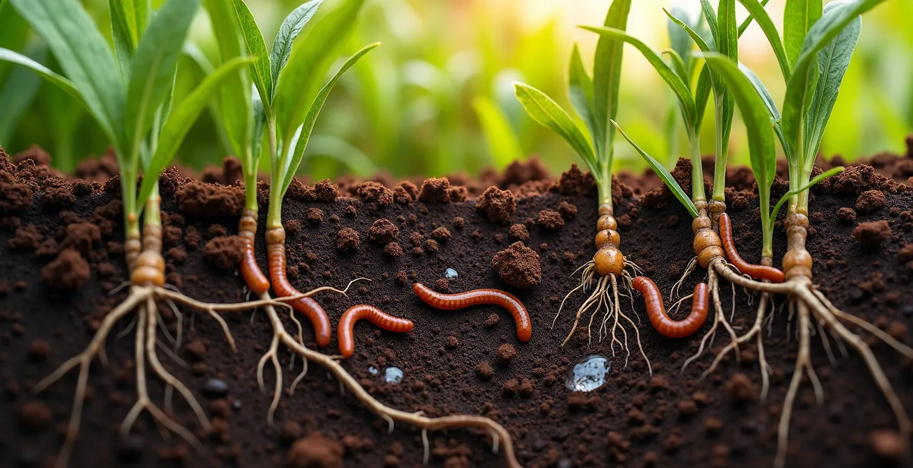 Vista macro de suelo vivo con lombrices entre raíces de cultivos y flores silvestres españolas