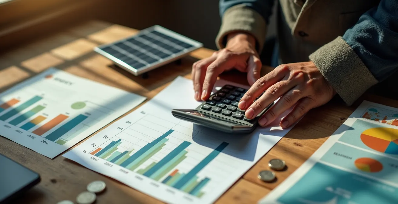 Mesa de trabajo con calculadora y gráficos de eficiencia energética sin texto visible
