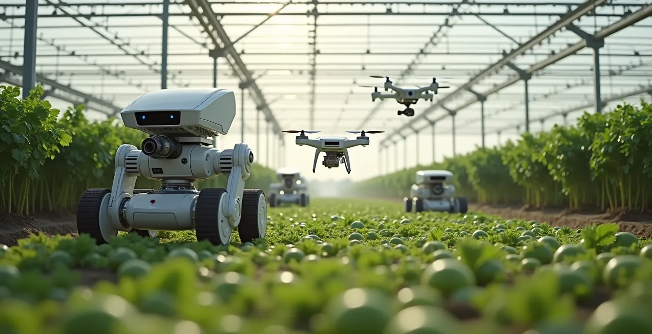 Vista panorámica de diferentes robots agrícolas trabajando simultáneamente en invernaderos de Almería