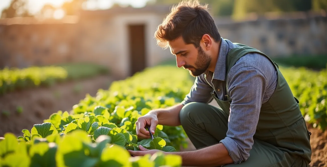 Joven agricultor español revisando cultivos con tecnología moderna en campo al amanecer