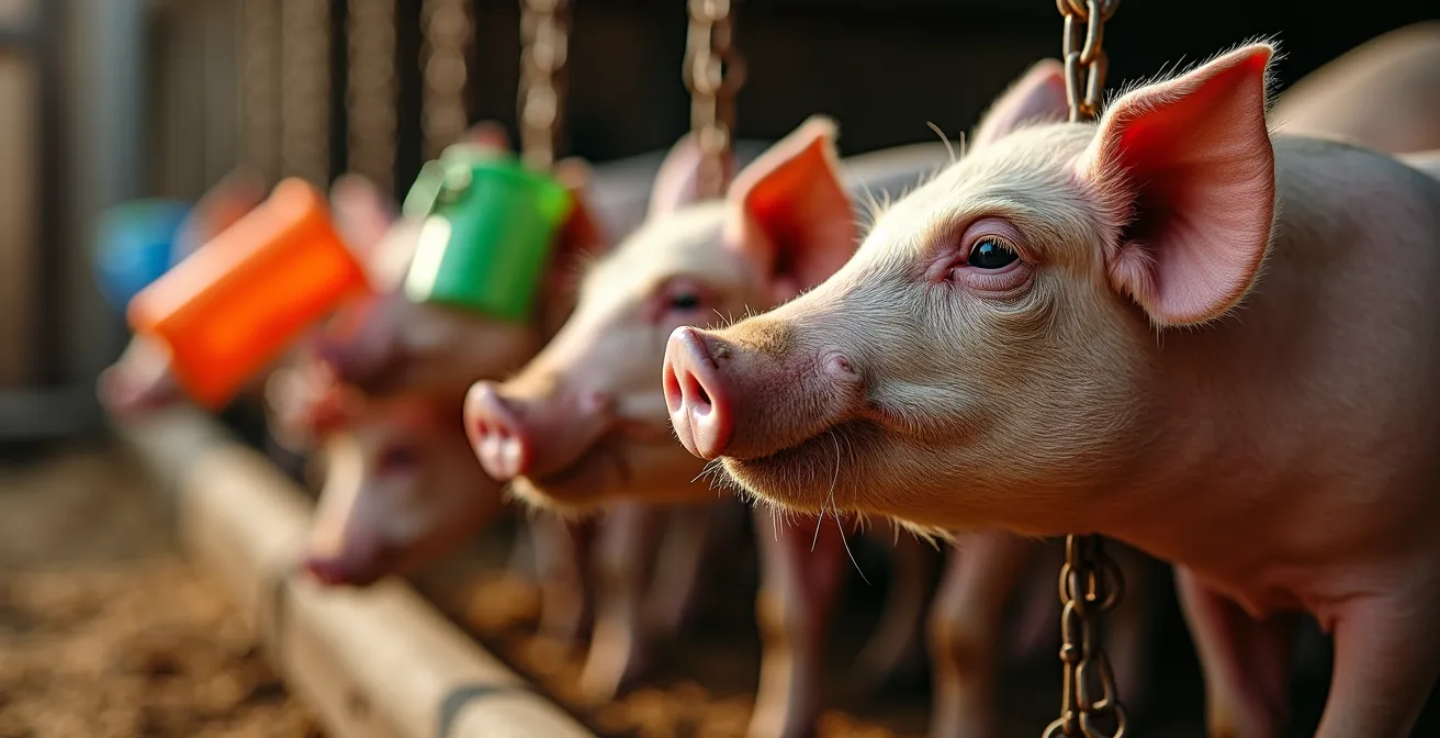 Cerdos ibéricos jugando con elementos de enriquecimiento ambiental hechos con materiales reciclados en una granja española