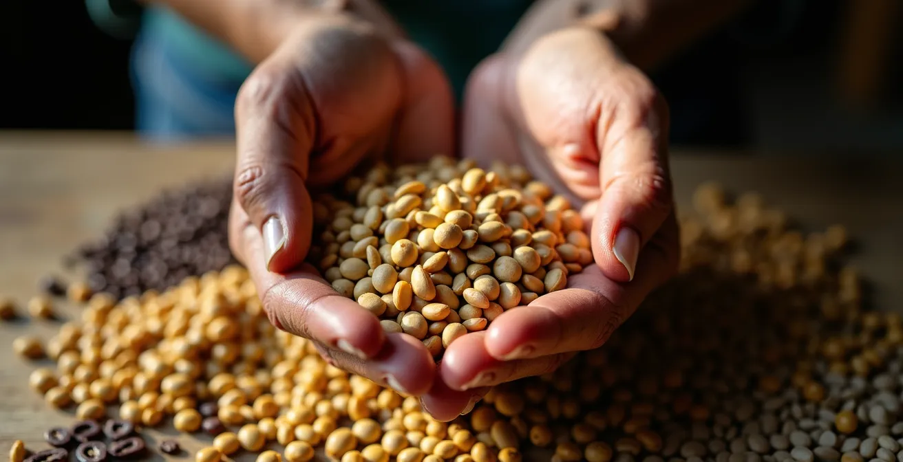 Manos de científico sosteniendo diferentes variedades de semillas mostrando la diversidad genética