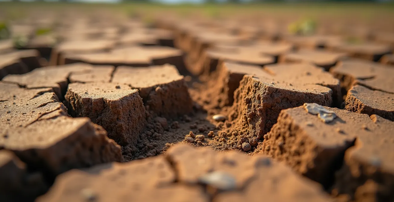 Detalle macro de suelo erosionado mostrando grietas y pérdida de estructura en campo español