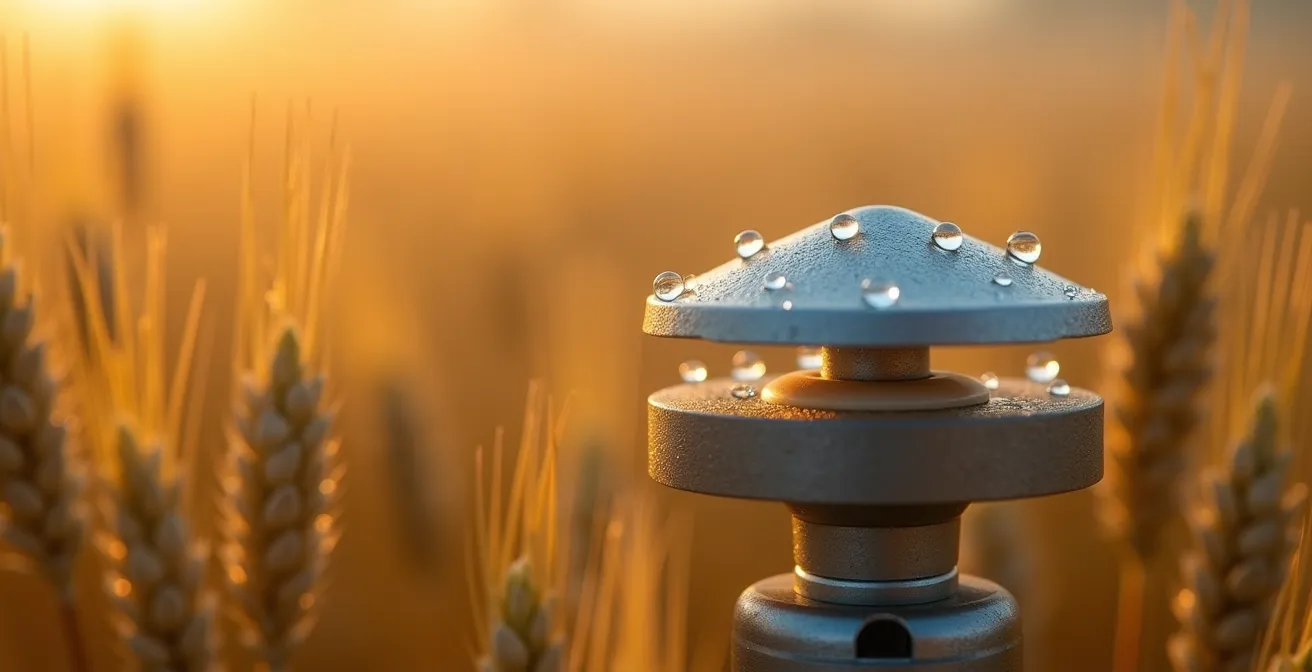 Estación meteorológica moderna en campo de cereales registrando datos de temperatura para cálculo de grados día