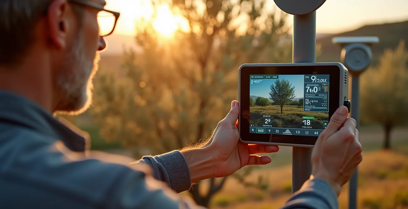Estación meteorológica moderna instalada en un campo de olivos español midiendo condiciones climáticas locales