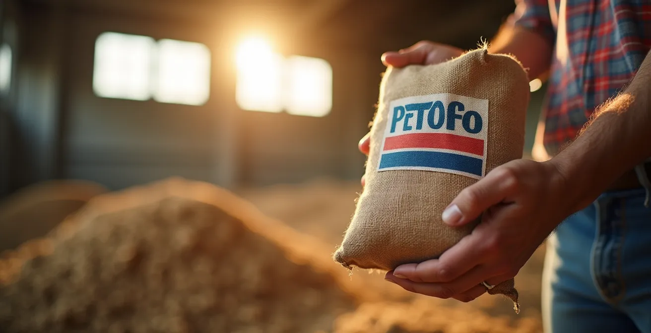 Mano sosteniendo bolsa de semillas con etiqueta de certificación oficial visible pero sin texto legible