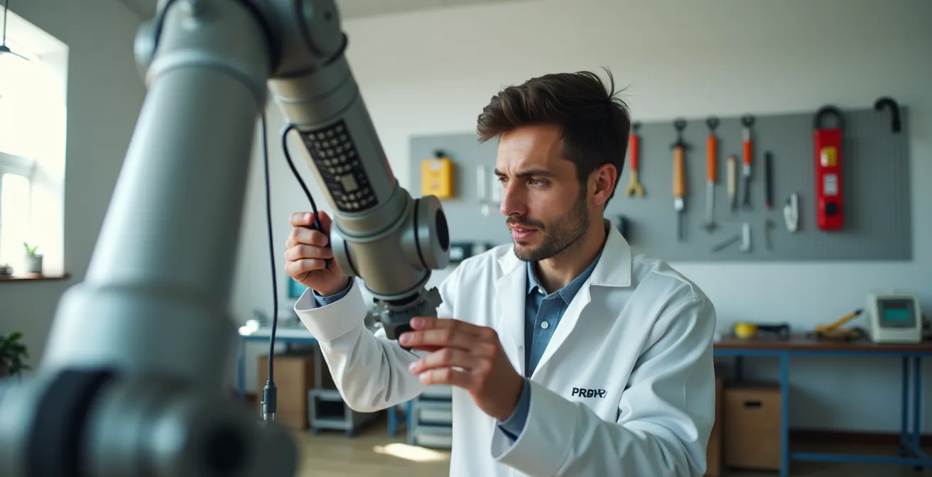 Joven técnico español formándose en mantenimiento de robots agrícolas en centro de formación profesional