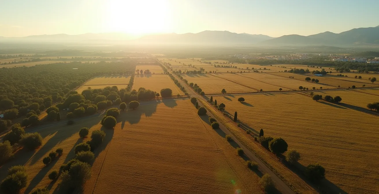 Vista aérea de explotación agrícola española mostrando diferentes fuentes de emisiones: ganado, maquinaria y cultivos