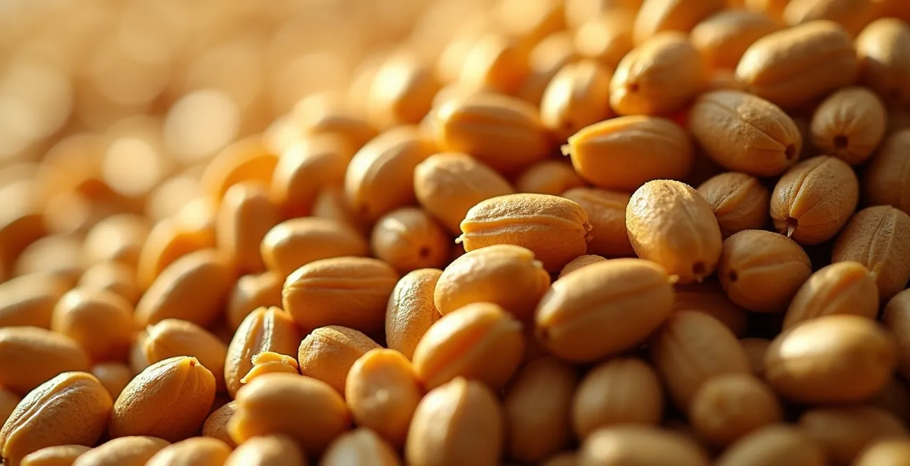 Vista macro de granos de trigo mostrando diferentes calidades y colores bajo análisis