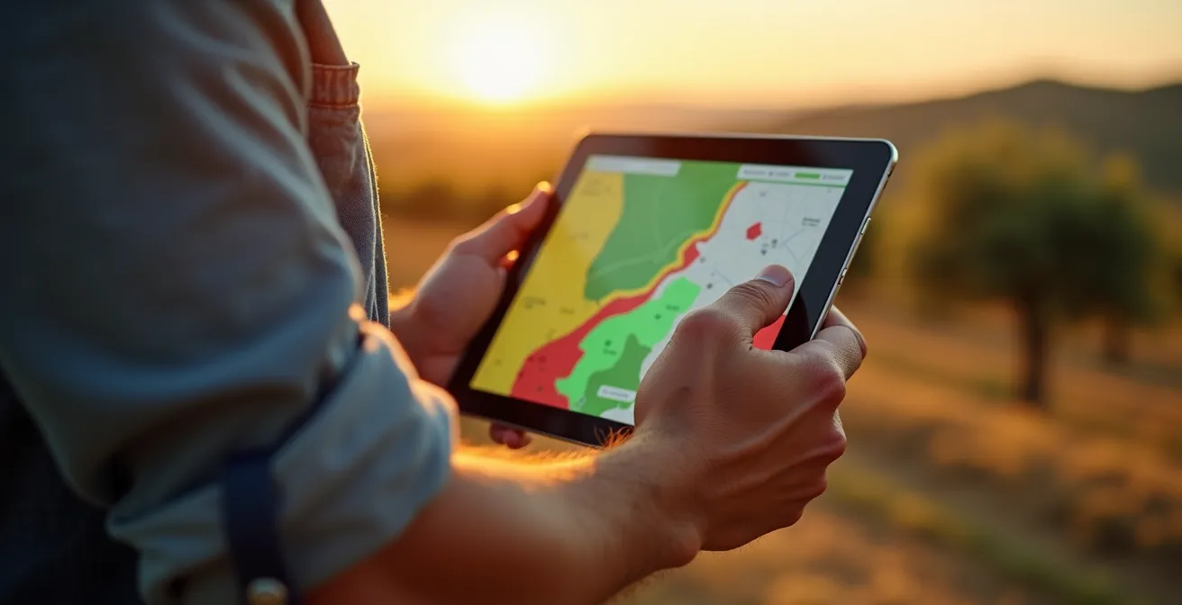Vista cenital de un campo agrícola español dividido en zonas de manejo diferenciadas por colores y características del terreno