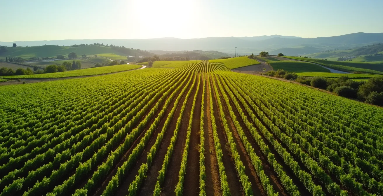 Vista aérea de viñedo español con zonas de diferentes colores indicando variabilidad en el tratamiento