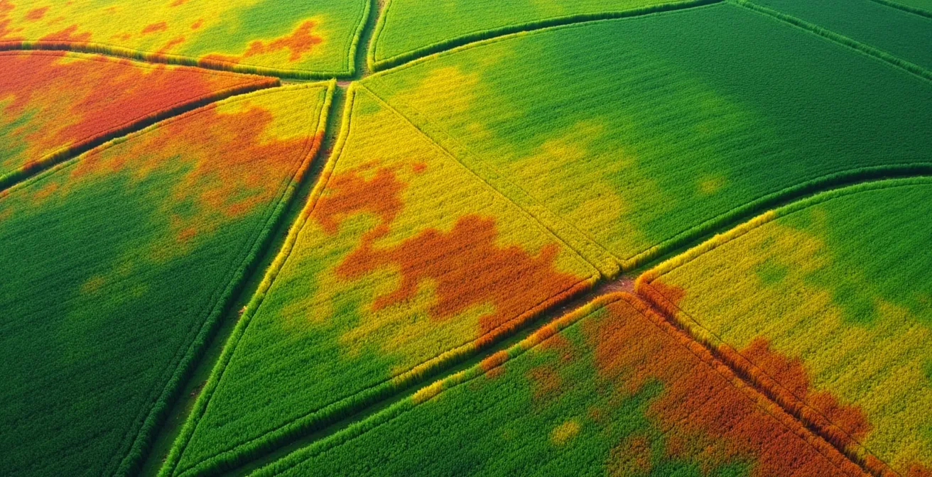Vista cenital de campo agrícola con mapa de prescripción superpuesto mostrando zonas diferenciadas para tratamiento