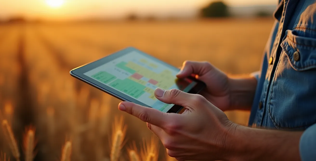 Mano de agricultor sosteniendo tablet mostrando mapa de colores sobre campo de cultivo al atardecer