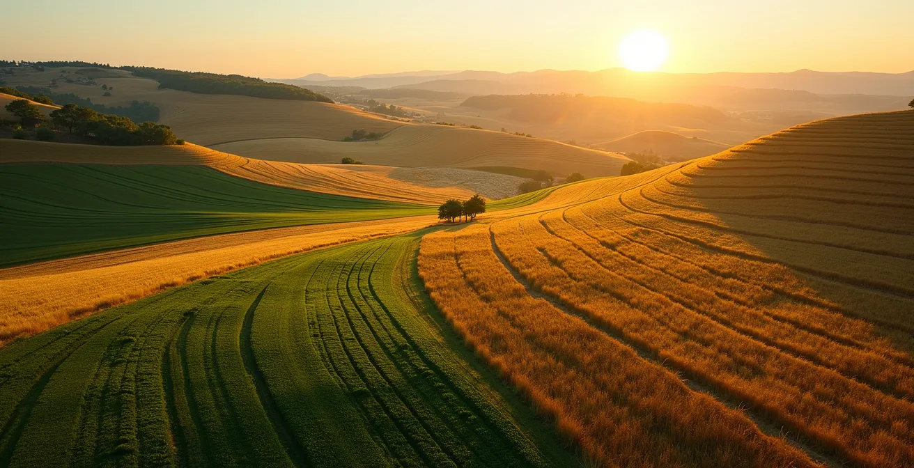 Vista aérea de finca agrícola española mostrando diferentes zonas de cultivo con variada productividad