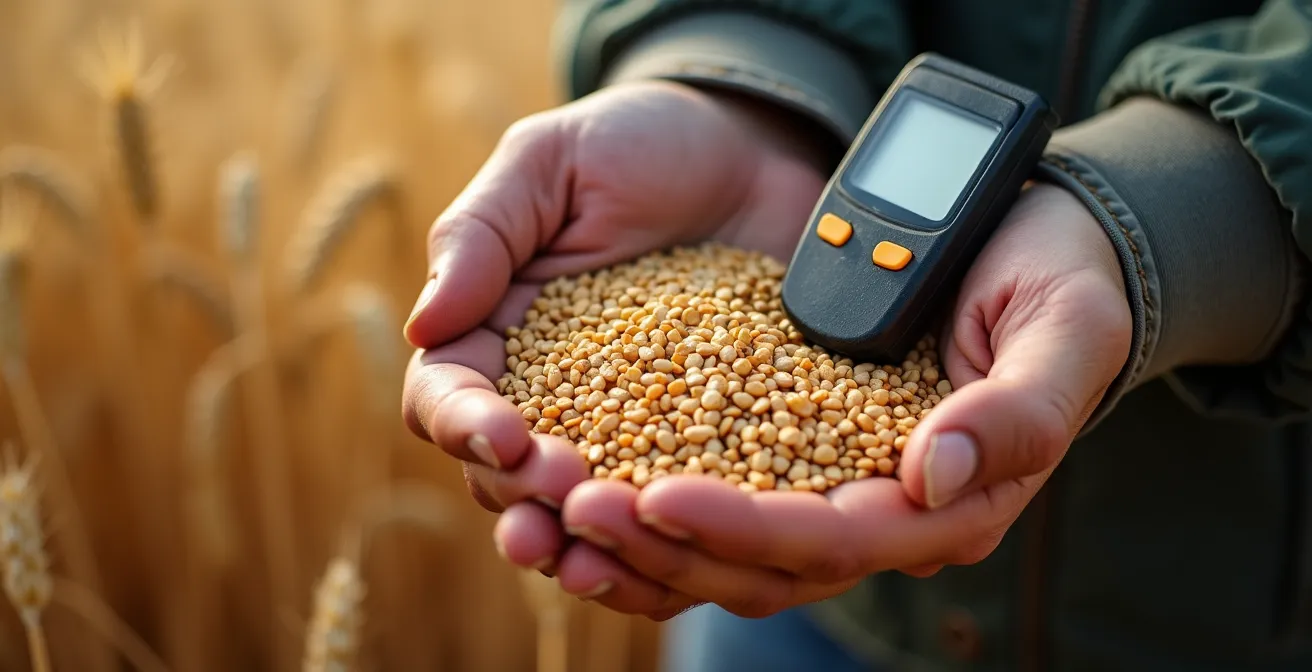 Mano sosteniendo granos de trigo con medidor de humedad digital en campo español