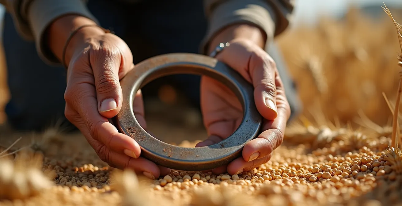 Técnico agrícola usando aros metálicos para medir pérdidas de grano en campo de trigo español
