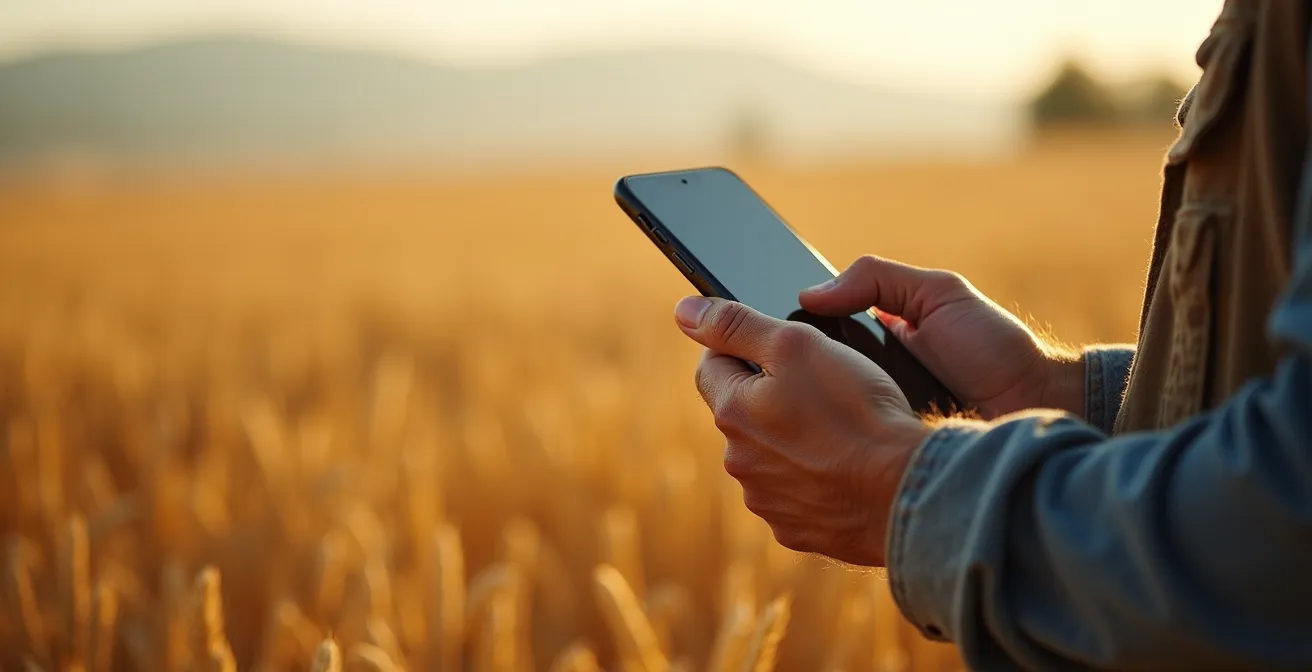 Mano de agricultor sosteniendo smartphone mostrando aplicación de mapeo mientras observa campo de cultivo