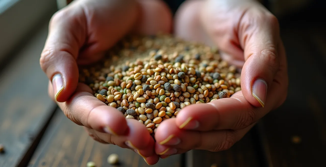 Manos de agricultor sosteniendo mezcla diversa de semillas para cultivos de cobertura