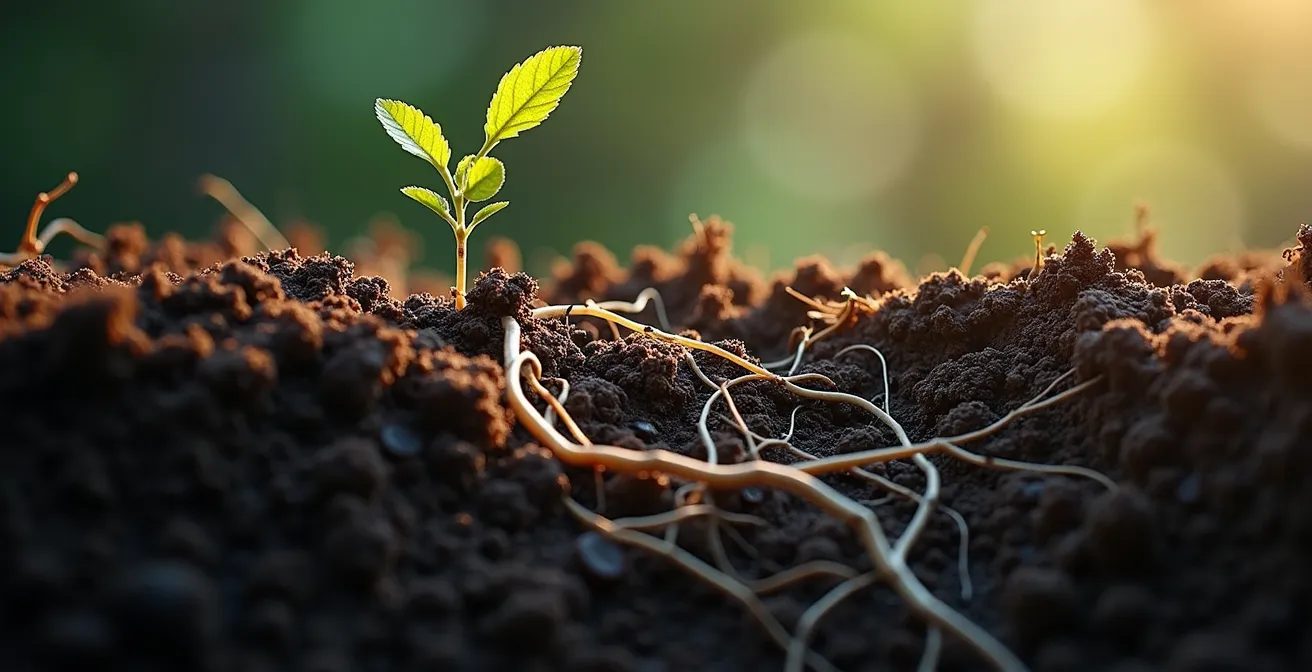 Vista microscópica del microbioma del suelo interactuando con raíces de plantas