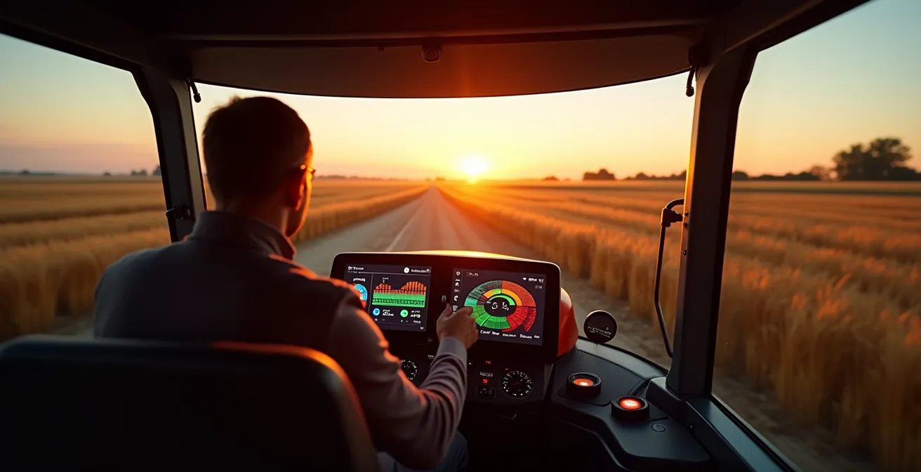 Interior de cabina de tractor mostrando múltiples pantallas con gráficos de rendimiento sin texto visible