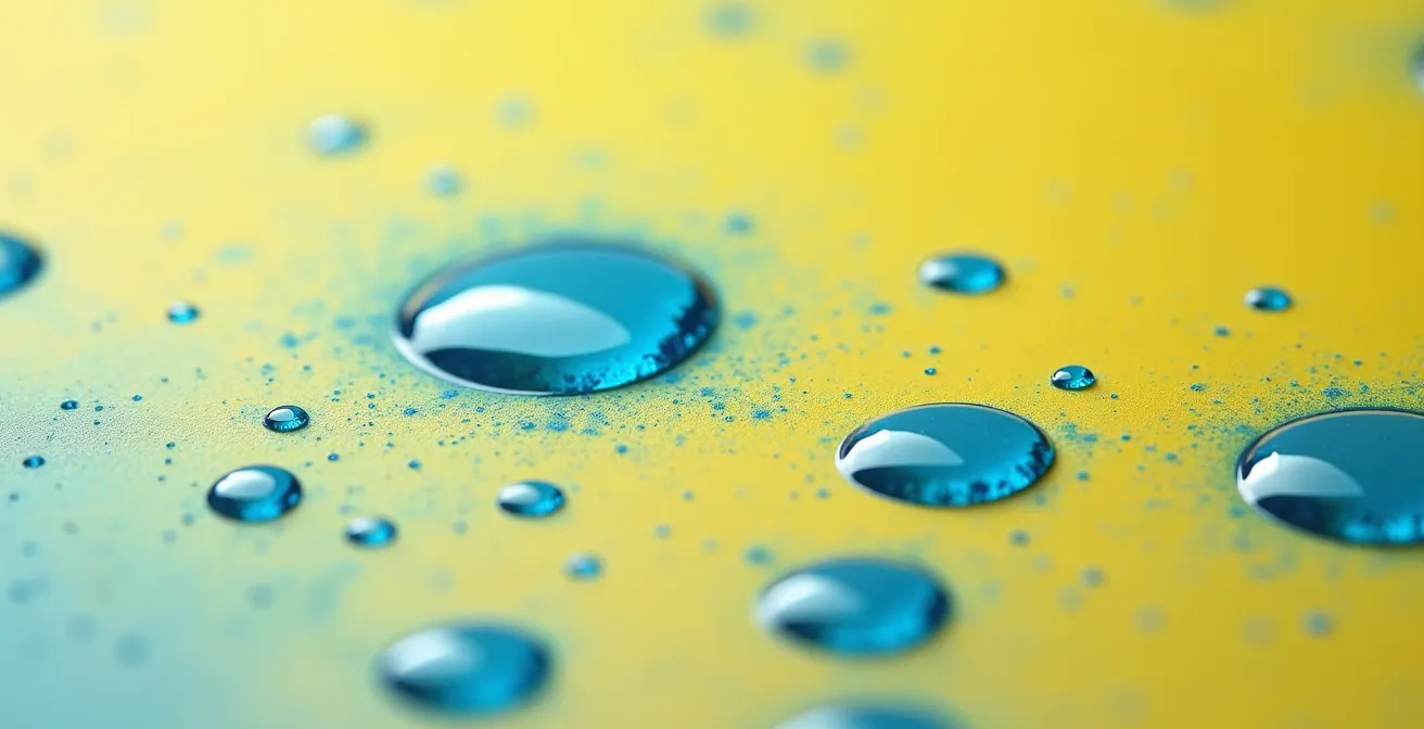 Detalle macro de papel hidrosensible mostrando patrones de impacto de gotas con diferentes densidades