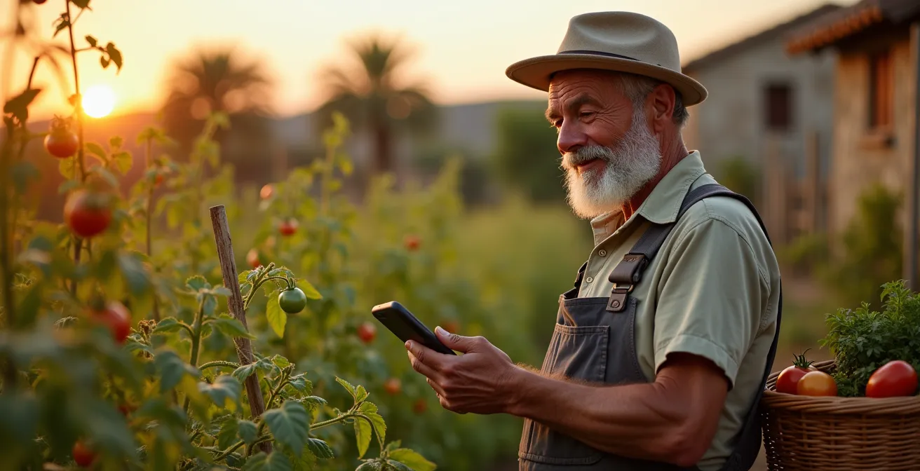 Pequeño productor agrícola español usando tecnología móvil en su huerto familiar