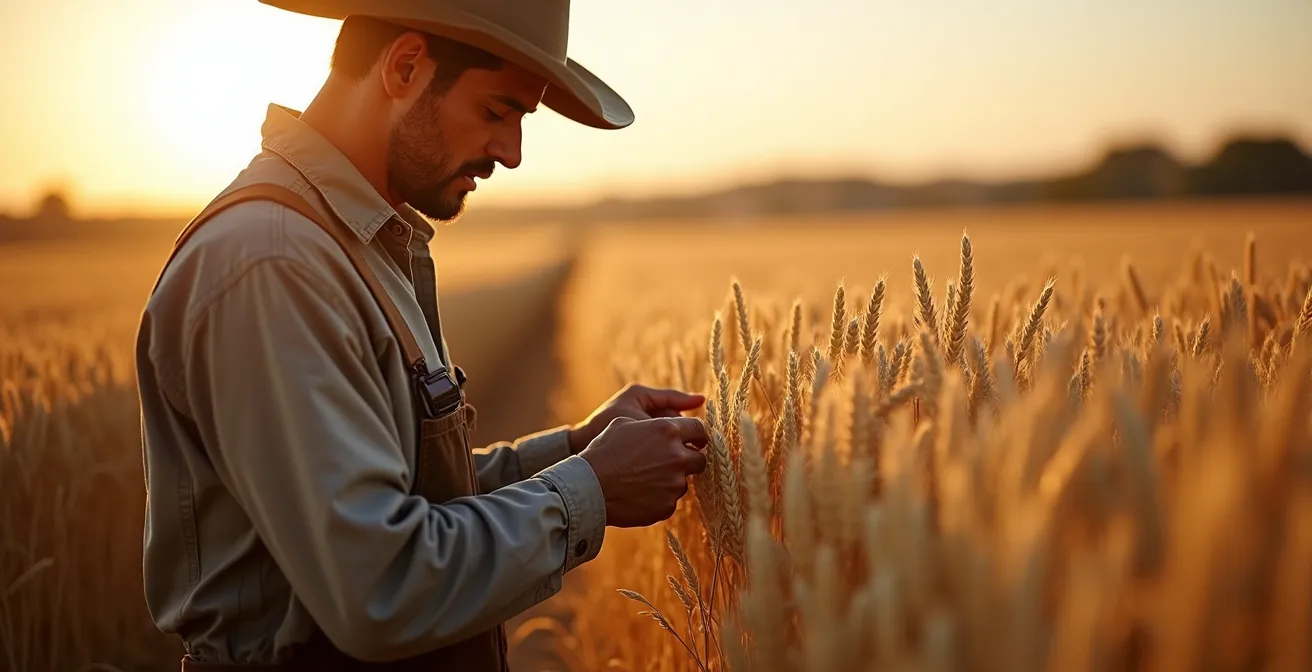 Agricultor analizando datos de campo con tecnología digital para optimizar la rotación de cultivos